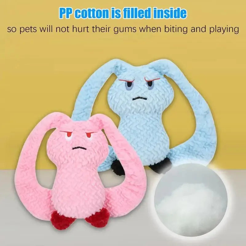 Bunny-shaped dog teething toy in blue, plush fabric with PP cotton filling, about 35 cm long
