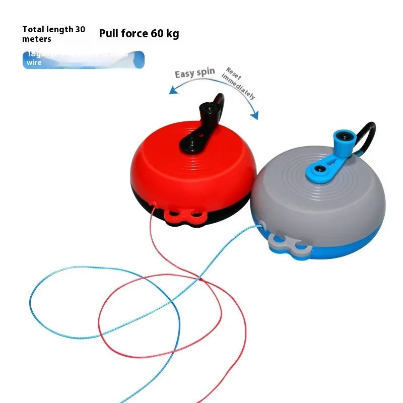Fishing bait bottom lifter retriever device with coloured wheel and stainless steel hook on spool of braided line.