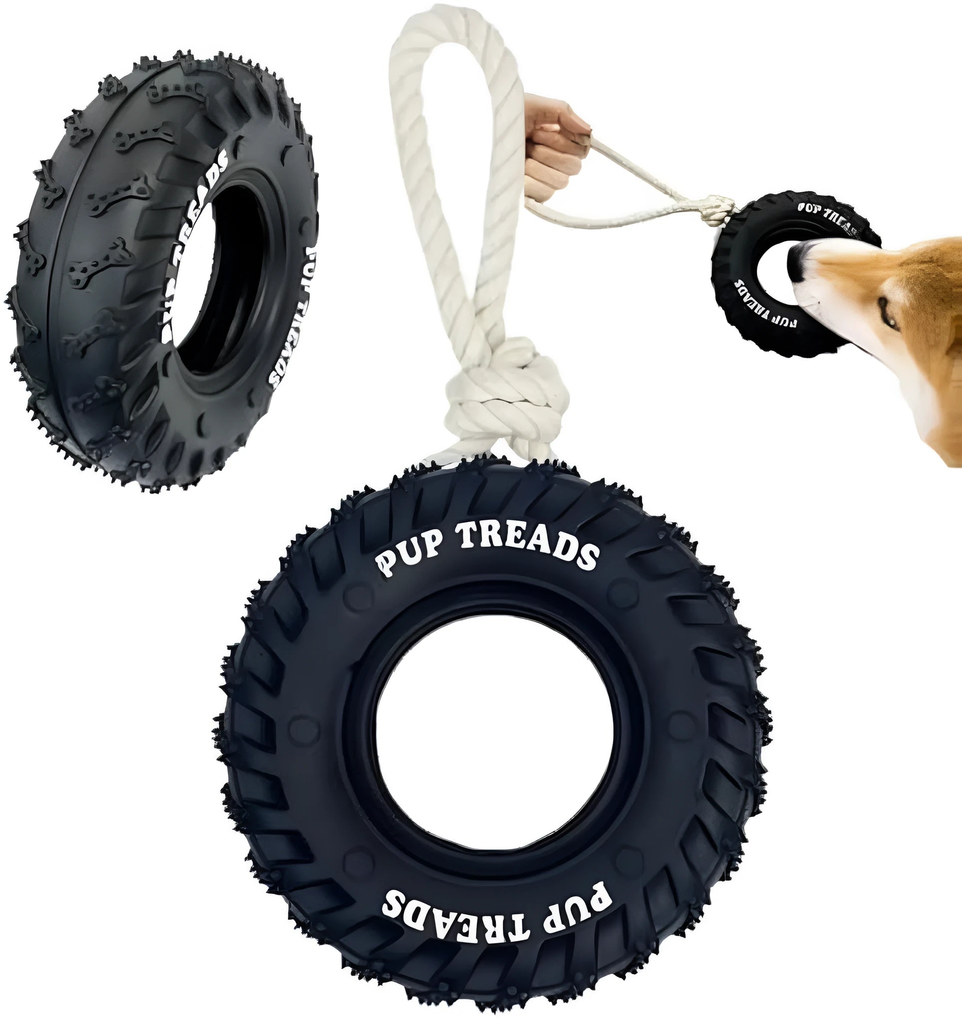 Black natural rubber tire dog toy with rope for aggressive chewers, large size 35x16 cm