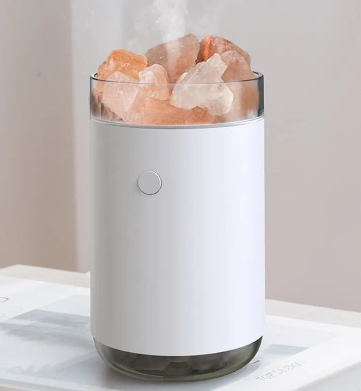 Desktop crystal salt stone ultrasonic essential oil diffuser with colour LED lamp, USB cable, and blue, pink, white options