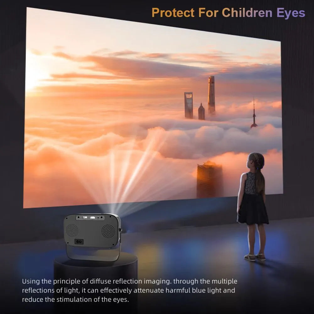 Black portable HD projector with remote control and cables for home office presentations
