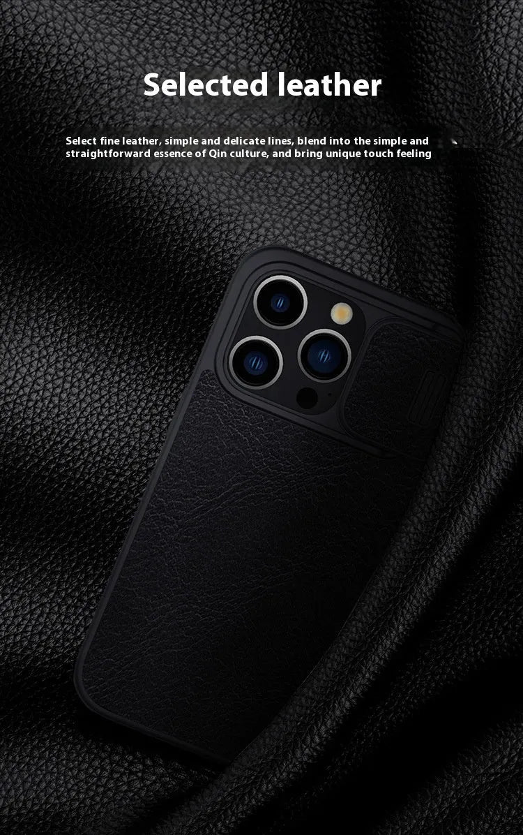 Black imitation leather flip phone case open next to an iPhone.