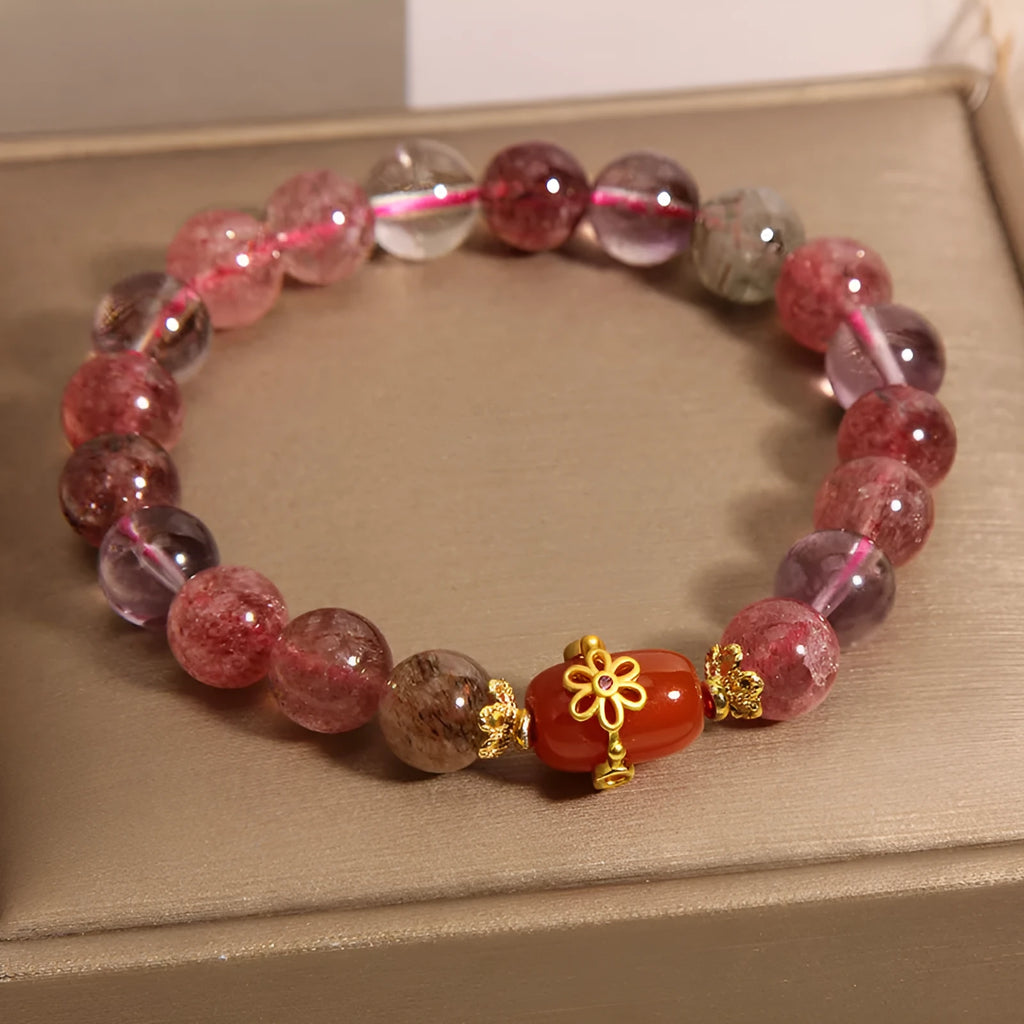 Natural Super Seven crystal bracelet with white crystal and red agate stones in cartoon style