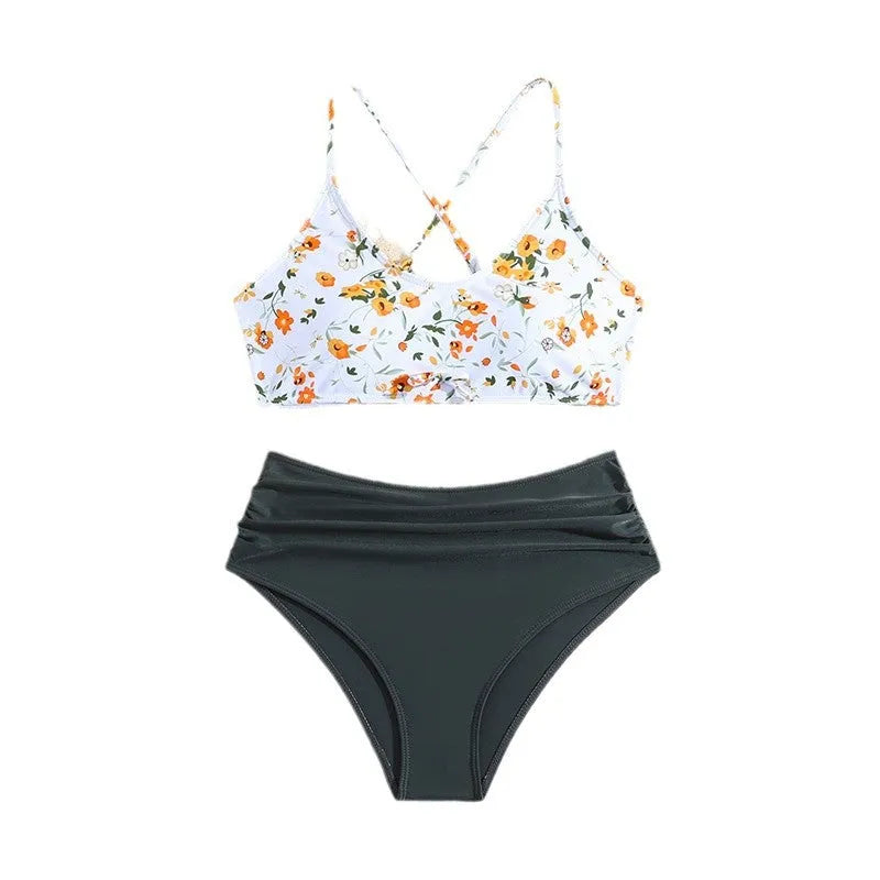 Girls floral print two-piece swimsuit set white background with cartoon and Japanese fresh pattern