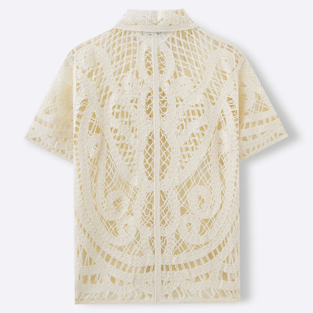Men's hollow crochet cardigan polo shirt in apricot acrylic knit with flocking detail short sleeves regular fit