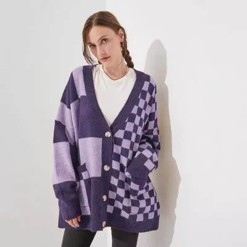 Gray printed checks cardigan with loose slim fit and regular sleeves on hanger