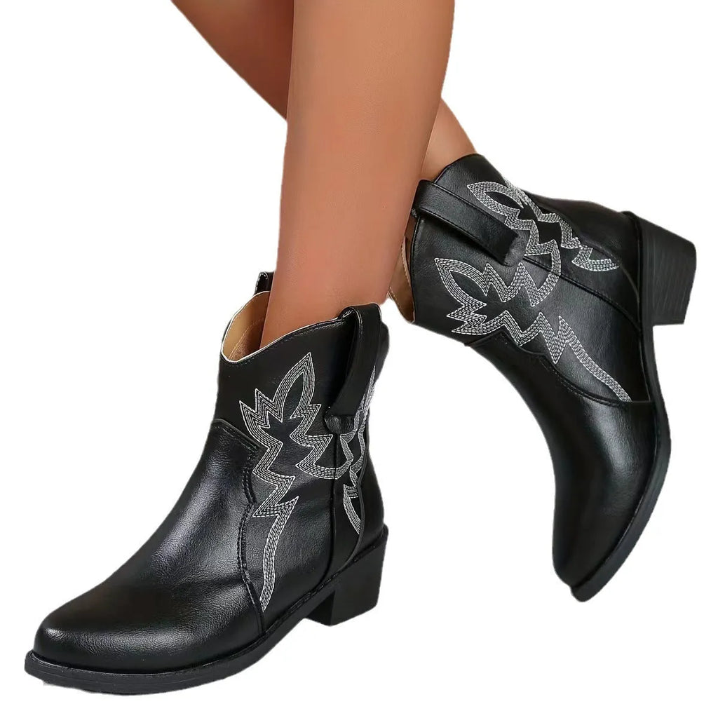 Women's round toe wedge boots in black, white or cow print, sizes 36-42, artificial PU upper, rubber sole