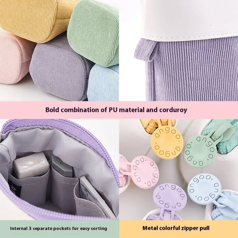 Korean-style telescopic stationery case in soft corduroy, shown in multiple colour options.