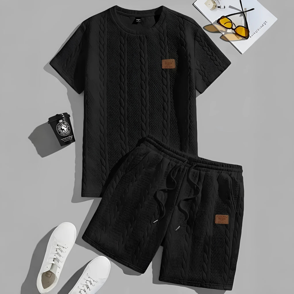 Men's black rib short sleeve sports T-shirt and matching shorts two-piece set with patch design