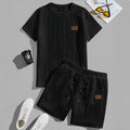 Men's black rib short sleeve sports T-shirt and matching shorts two-piece set with patch design