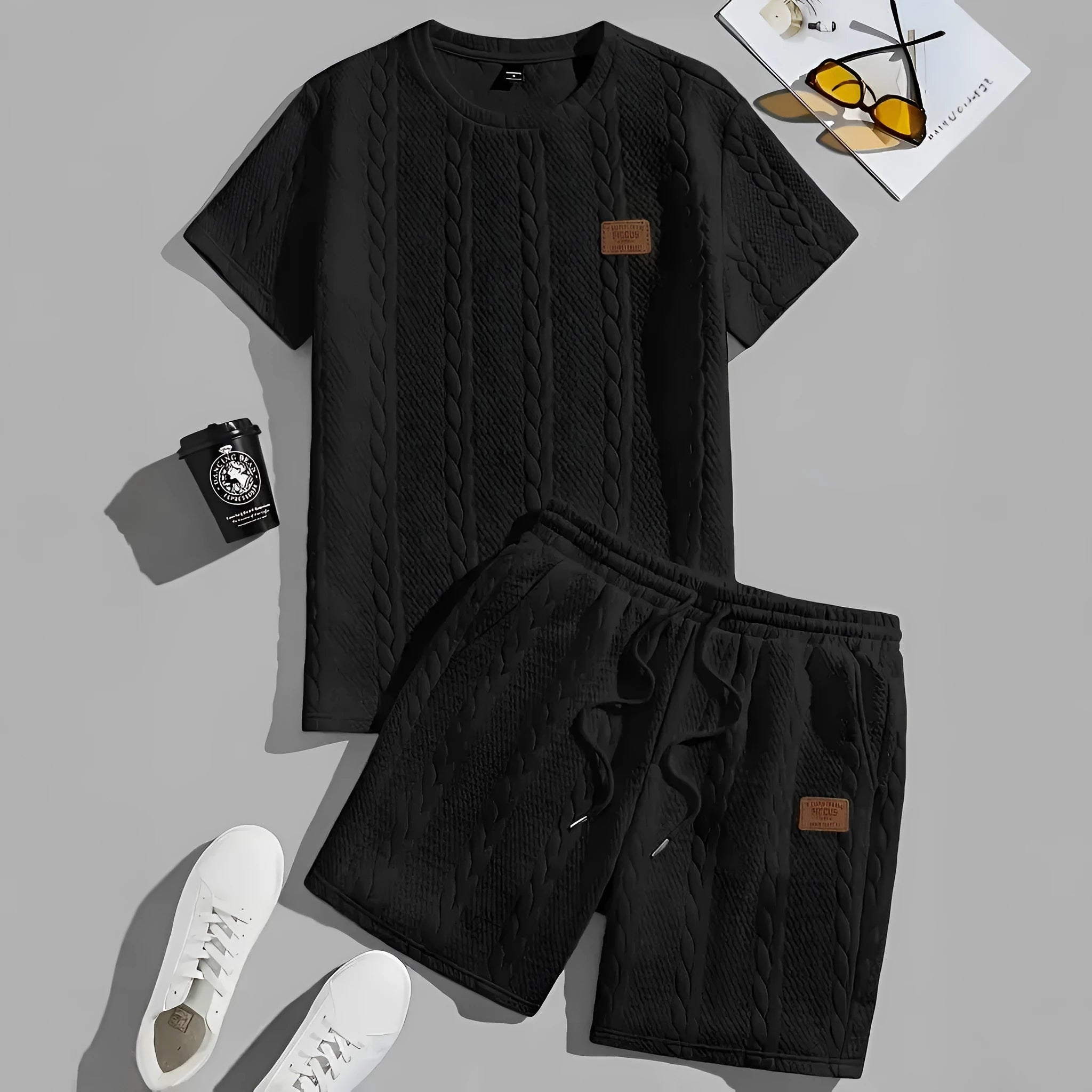 Men's black rib short sleeve sports T-shirt and matching shorts two-piece set with patch design