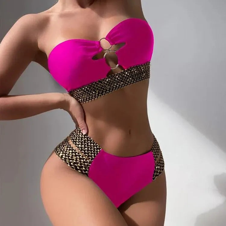 Hollow beach bikini split swimsuit with removable pads in black nylon fabric for women