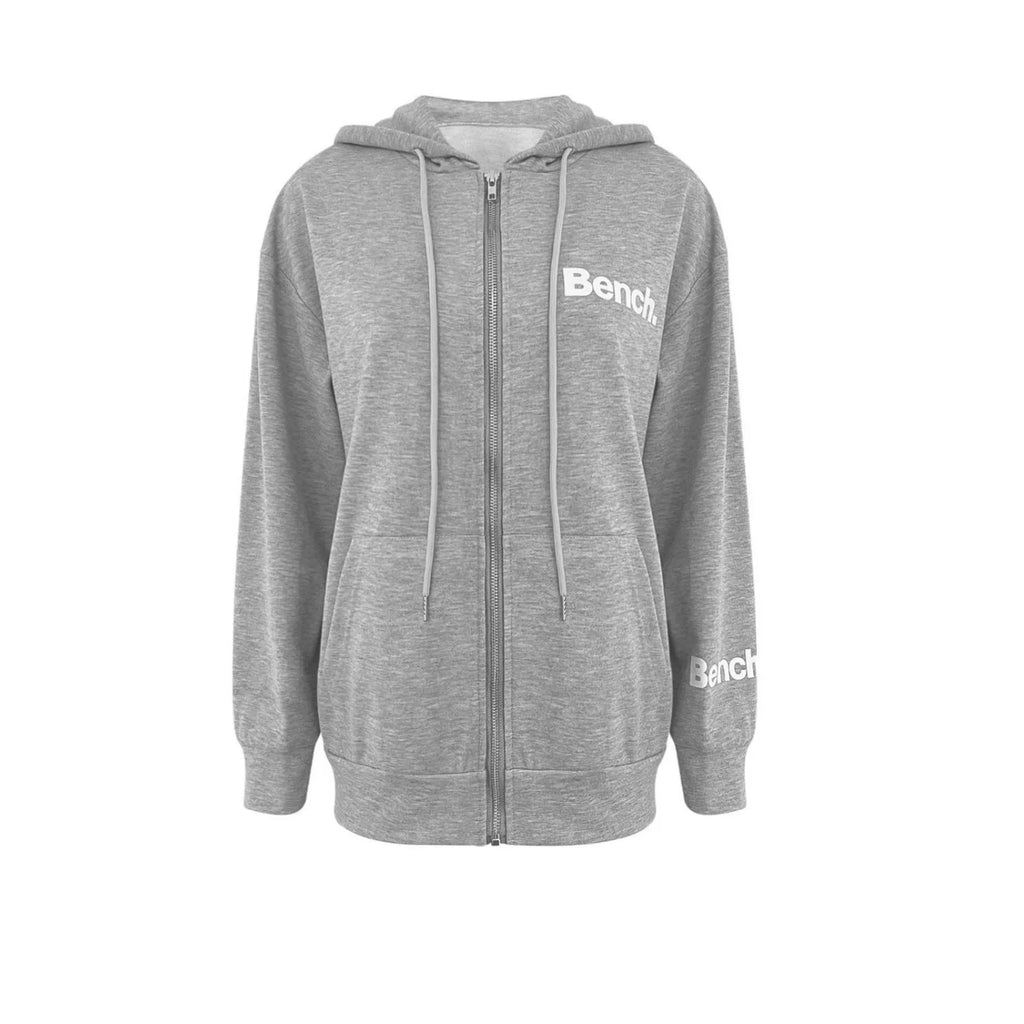 A black loose-fit zipper hooded sweater coat on a hanger, showing the full front zipper and hood.
