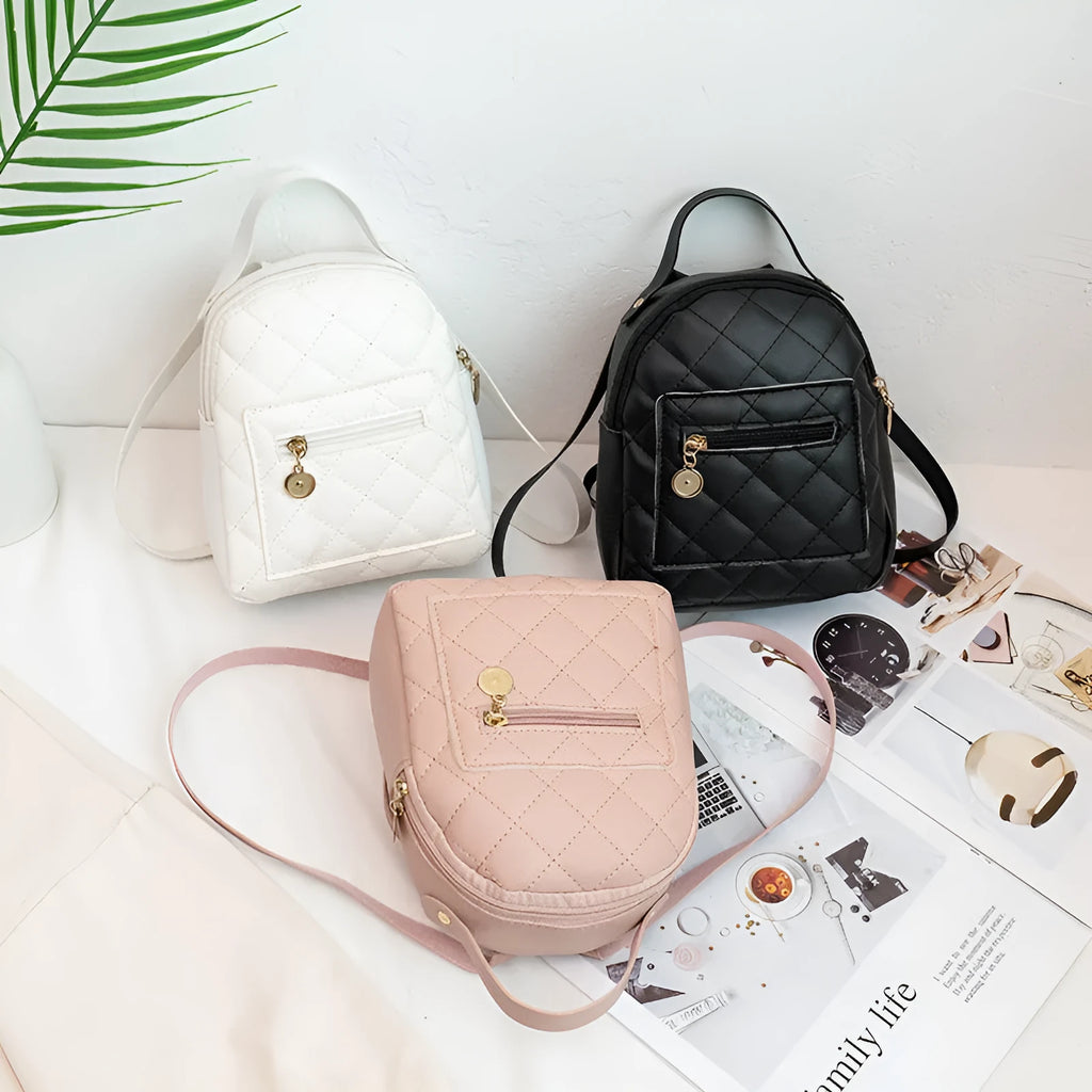 Girls' hard square PU backpack with embroidery in black, white, or pink, showing front and handle.