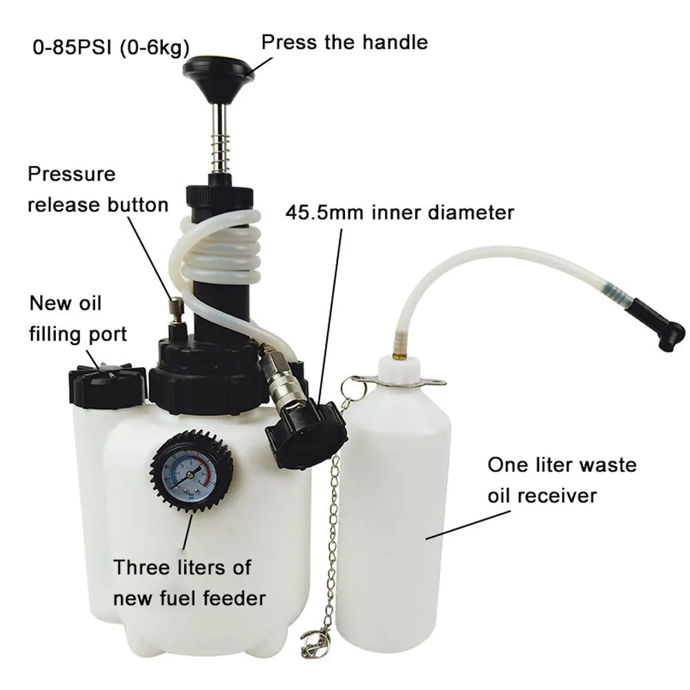 White 3-litre brake fluid reservoir tool with hose, dimensions 41cm long, for vehicle maintenance