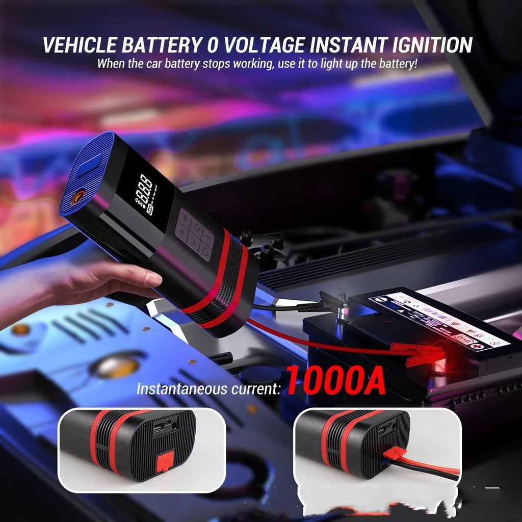 Black wireless emergency car jump starter with USB ports and cables, measuring 19.5x10x5.7cm