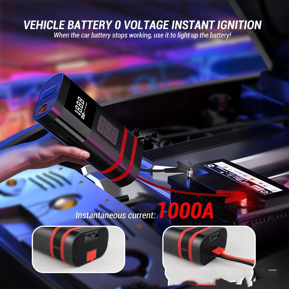 Black wireless emergency car jump starter with USB ports and cables, measuring 19.5x10x5.7cm
