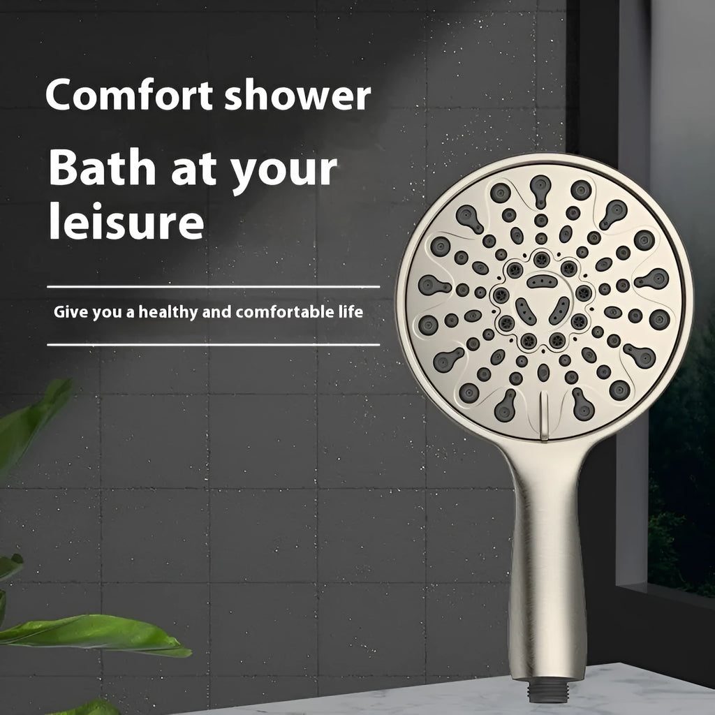A 6-inch handheld shower head with an electroplated finish, showing its six-function dial.