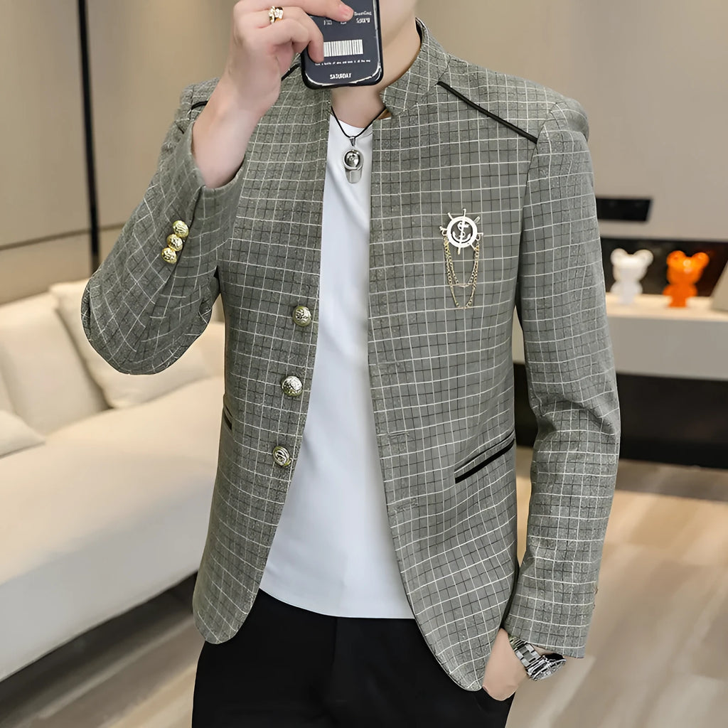 Men's slim fit plaid suit coat in brown, grey, khaki, or light green, sizes M to 4XL, acetate fibre, polyester lining.