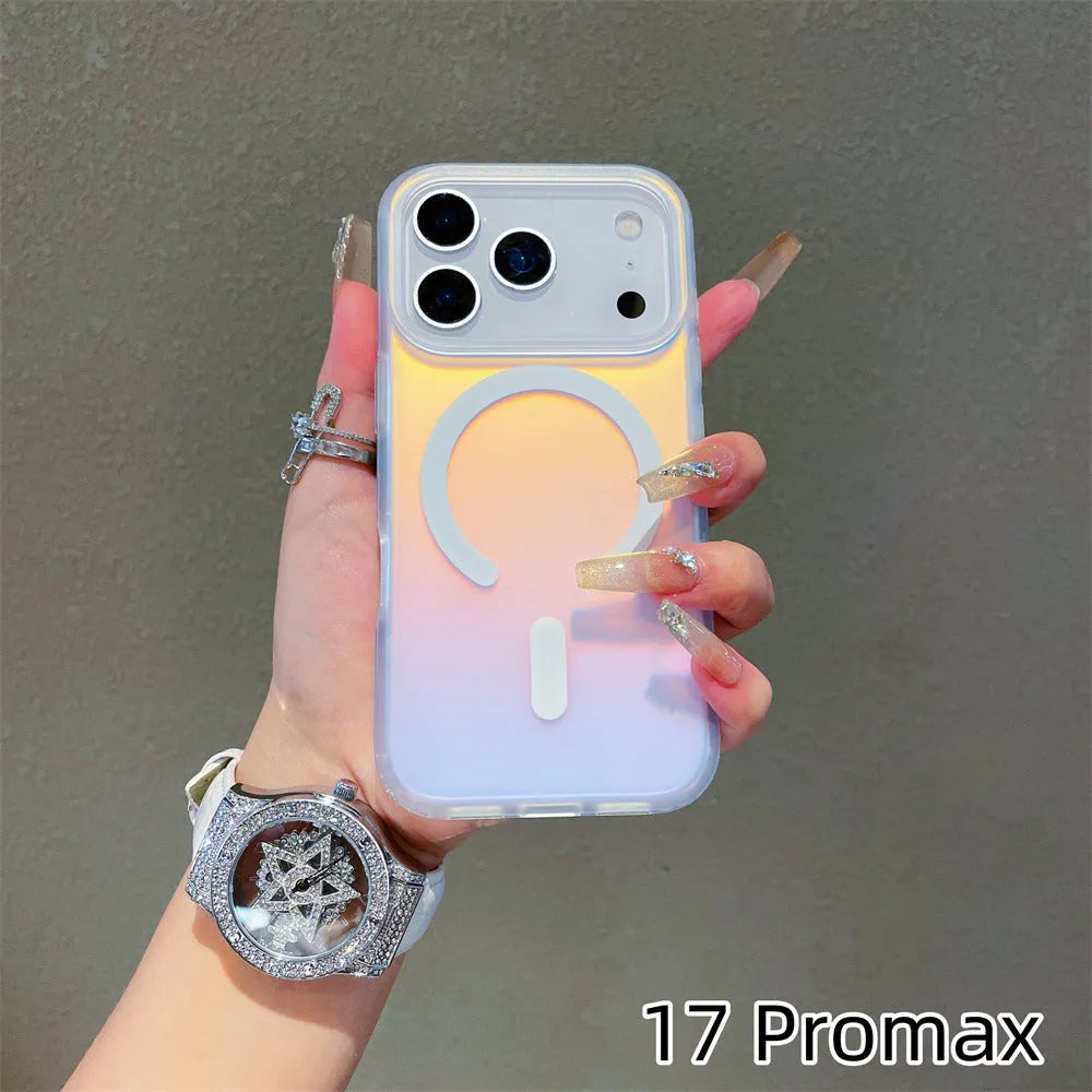 Laser gradient frosted magnetic back cover case for iPhone 17 series on a table