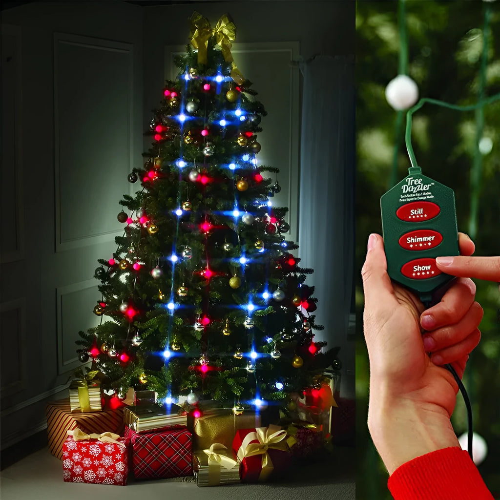 1.8 metre long Christmas tree light string with 64 colour-changing LED lights and a control button.