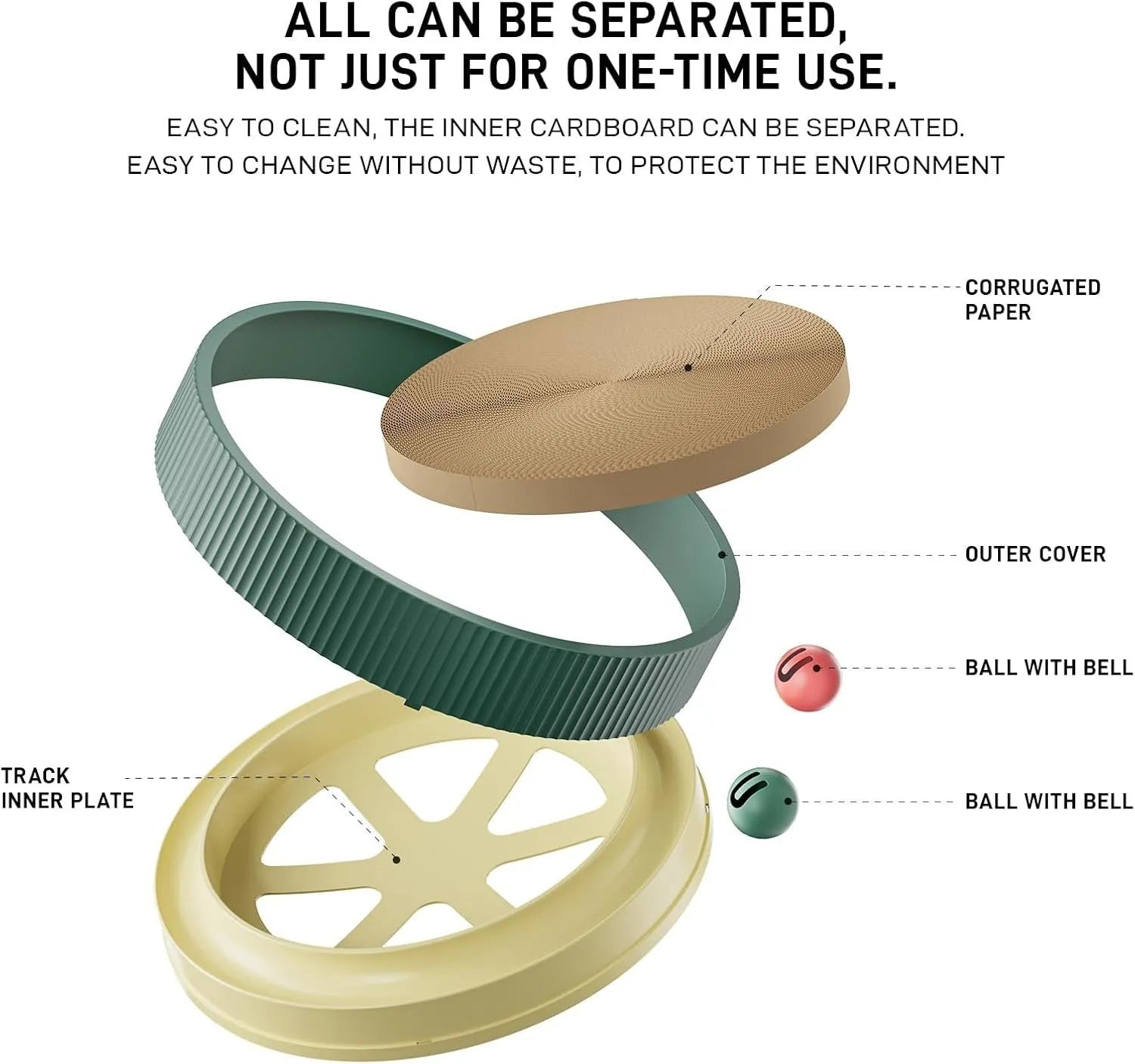 Large circular cat scratching board with moving ball toys measuring 45cm diameter