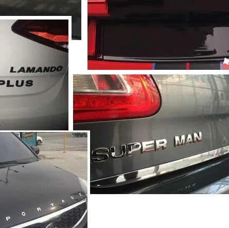 Metal 3D car bumper sticker with raised English letter on vehicle surface