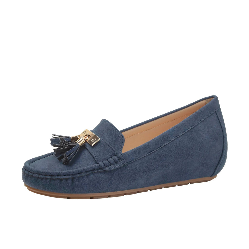 Women's flat heel height increasing insole shoe covers in beige, black, blue, and brown colours with a round toe.