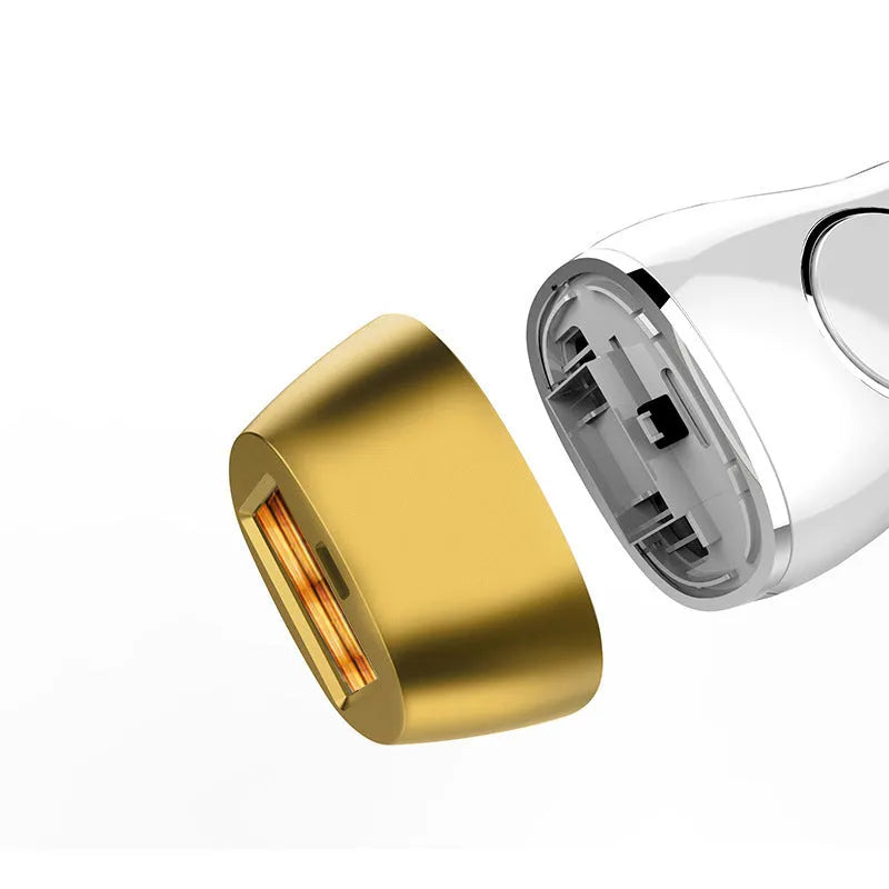 Home IPL laser hair removal instrument in gold or white with blue or black screen, 280g ABS body, AC power, CE certified.