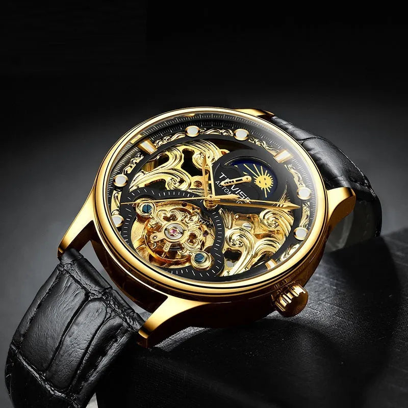 Men's automatic mechanical watch with a leather strap on a wrist, showing a business-style dial.