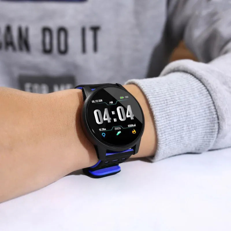 Smart watch with 1.3-inch screen showing fitness stats on black rubber strap with coloured accents