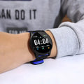 Smart watch with 1.3-inch screen showing fitness stats on black rubber strap with coloured accents