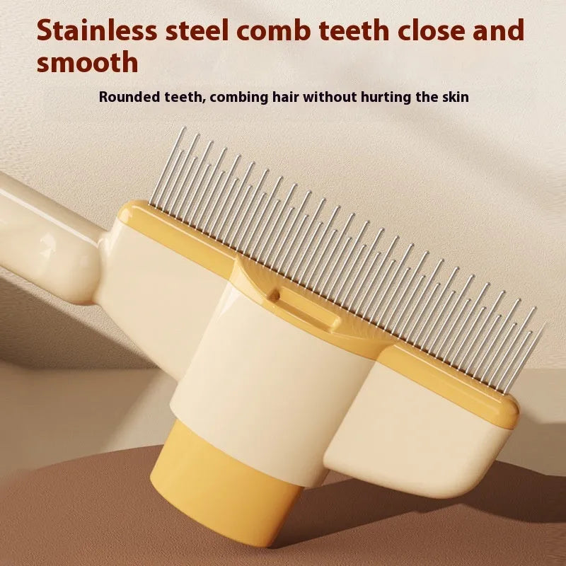 Yellow and green self-cleaning pet comb for cats and dogs with stainless steel teeth and a release button.