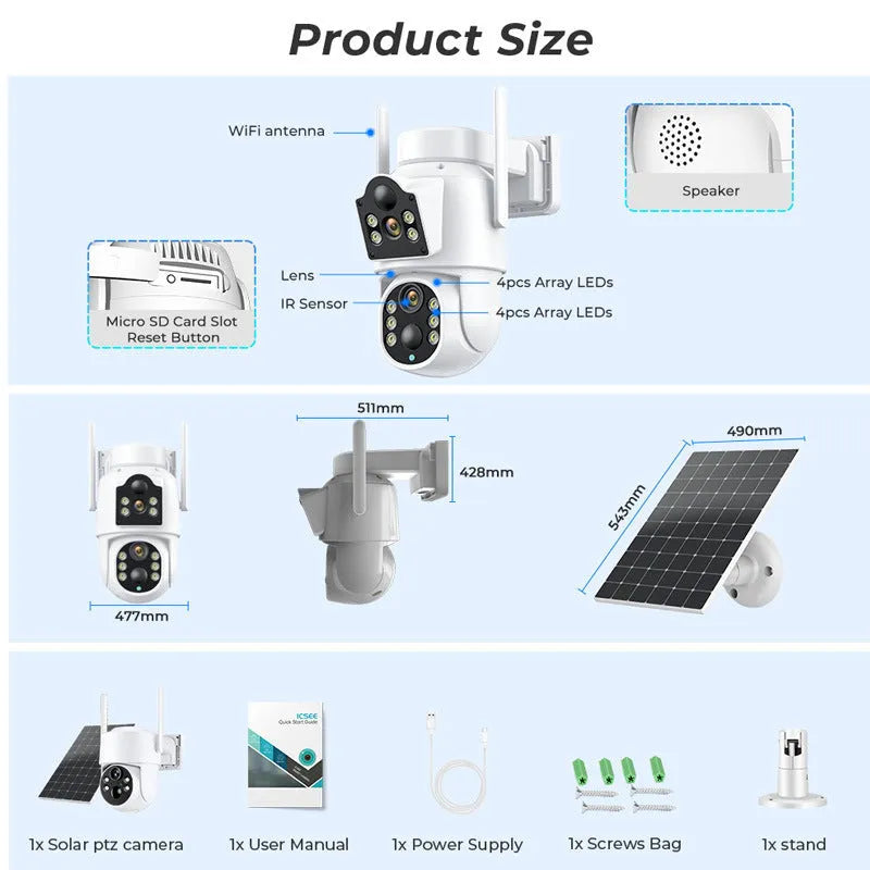 Outdoor solar-powered wireless Wi-Fi surveillance camera with solar panel on a wall.