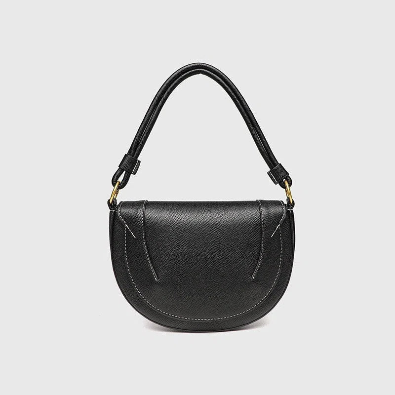 Medium PU saddle bag with magnetic clasp in black oval shape 16x24x8.5cm women's handbag