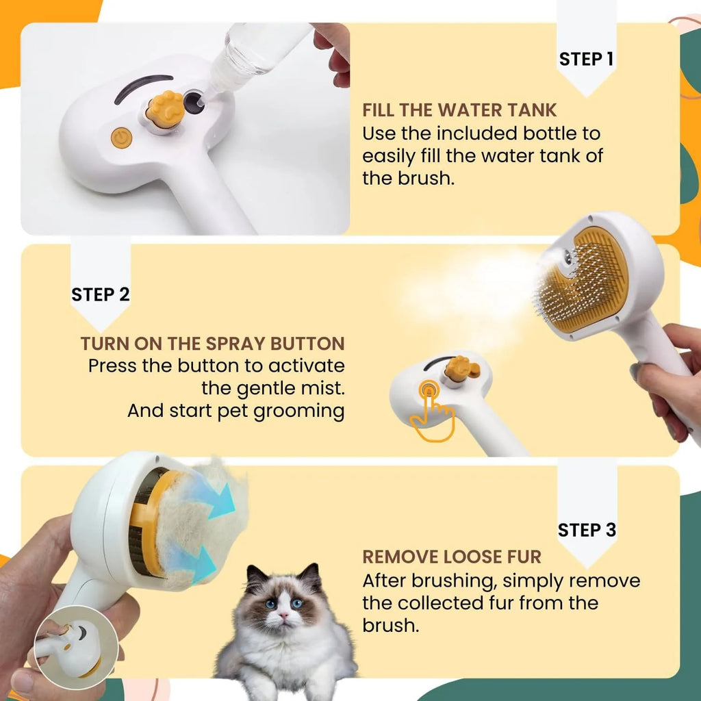 White pet grooming brush with steam spray function and self-cleaning feature for dogs and cats