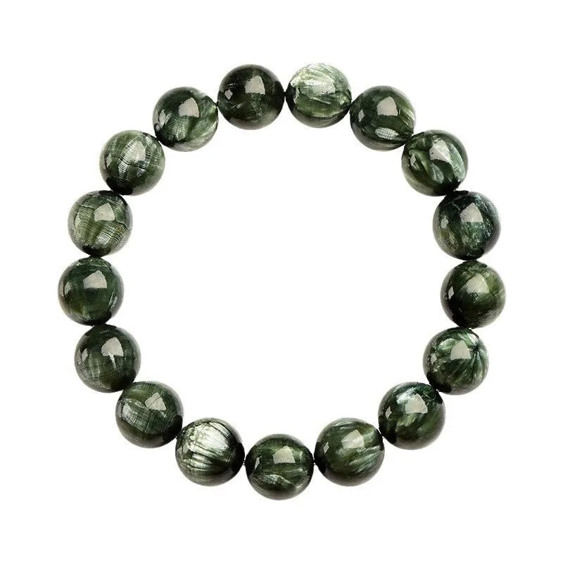 Green Dragon Crystal bracelet with 8-9mm round beads on a white background.