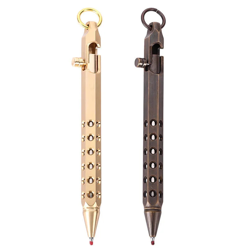 Brass hexagonal bolt-action pen showing six-angle design and bolt mechanism