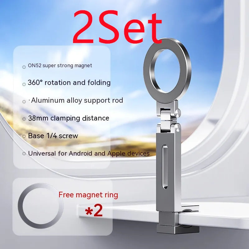360-degree rotating folding travel mobile phone magnetic bracket in aluminium alloy, grey, 17cm length
