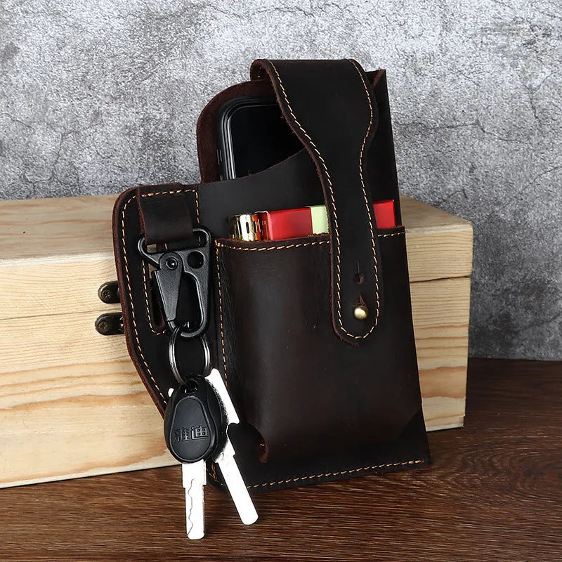 Men's retro brown leather phone hanging belt bag with car suture detailing