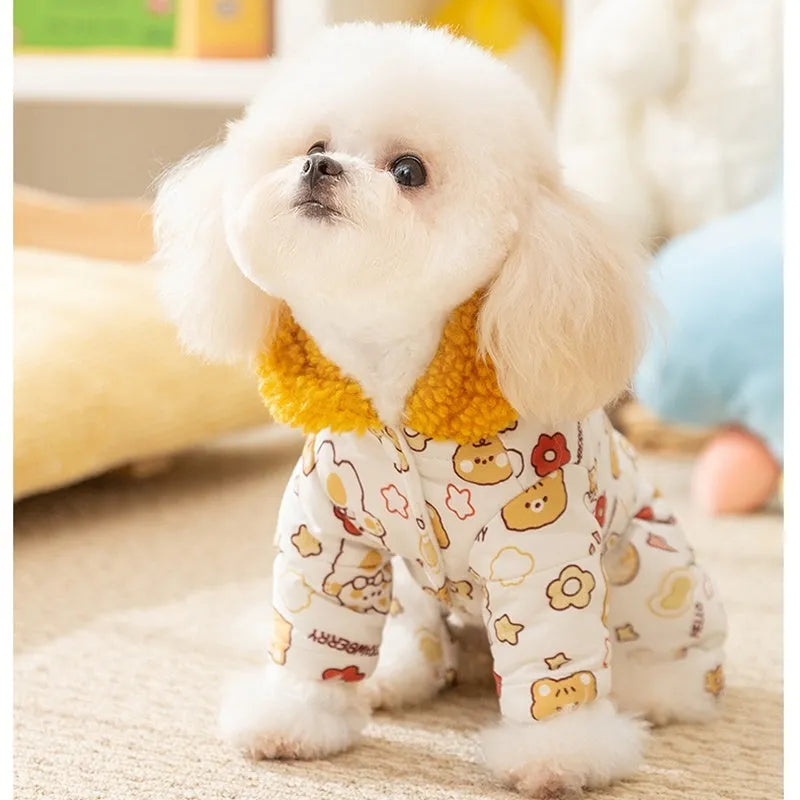 Yellow quilted cotton four-legged dog coat with sherpa hood and bear print on white background