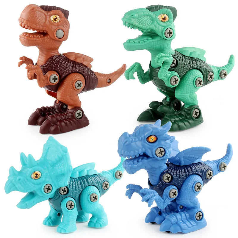 Six assembled dinosaur building block toys made from ABS plastic on a table