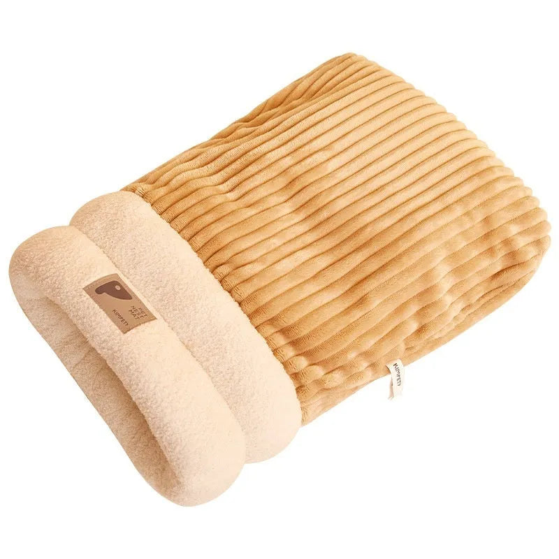 Brown semi-enclosed lambswool cat sleeping bag on a wooden floor.