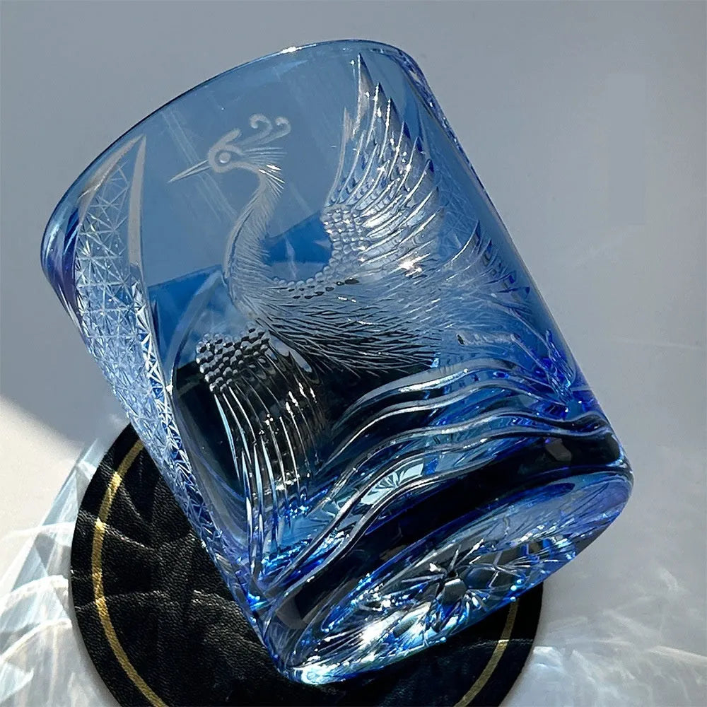Sky blue hand carved crystal glass whiskey shot glass, 90 x 100mm, 301-400ml capacity, simple modern style