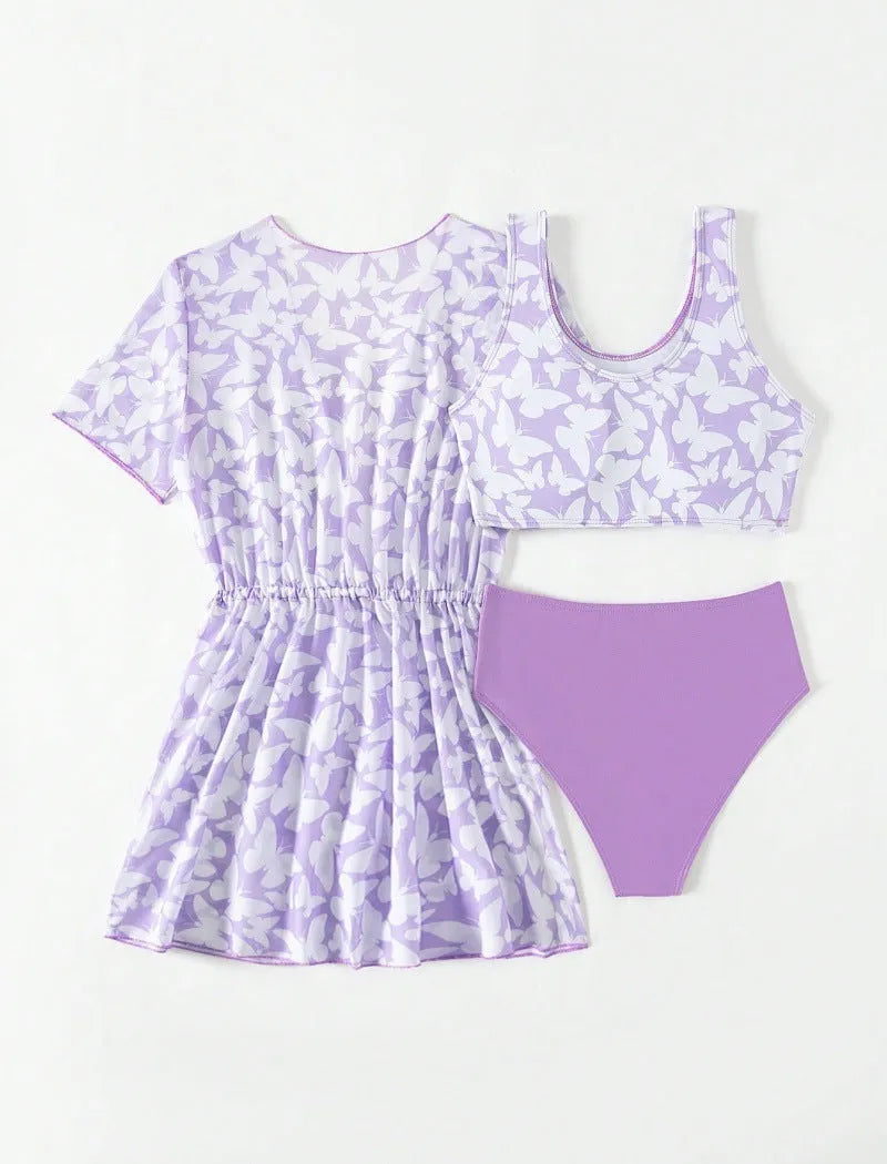 Three piece split swimsuit set for girls in colour 3218, includes coat, vest, and briefs.