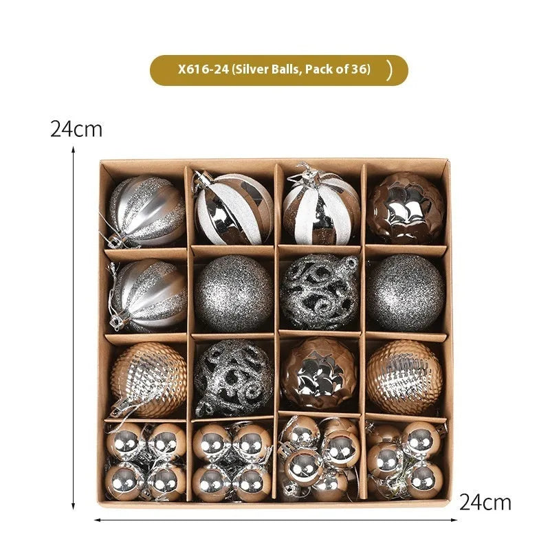 Set of 36 electroplated plastic Christmas tree pendant balls in silver colour with shiny metallic finish