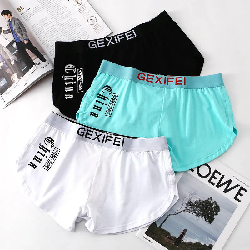 Men's loose fit cotton boxer briefs in multiple colours on a size chart.