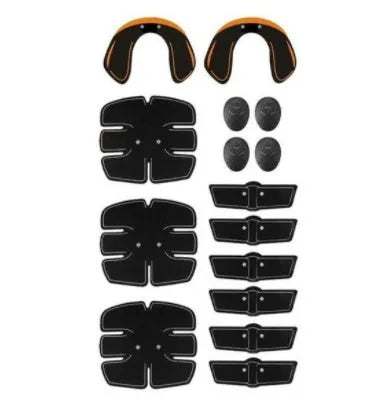Compact EMS hip muscle training stimulator device with adhesive gel pads for buttocks and abdomen.