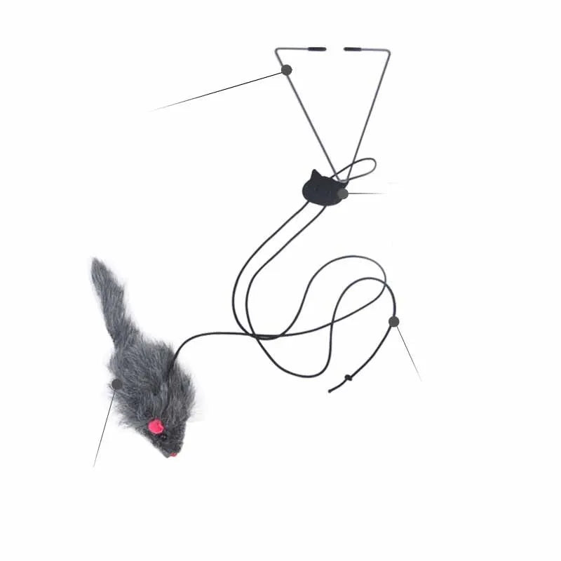 Hanging cat toy with plush mouse, 180cm elastic rope, adjustable buckle, and triangle hook in grey