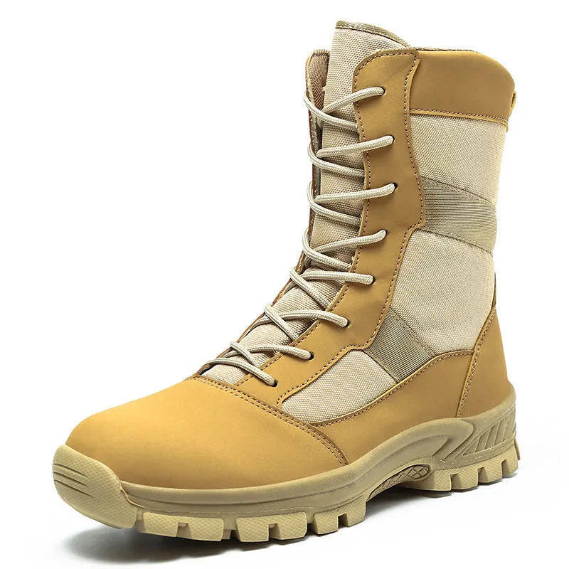 Men's black and camouflage high-top combat boots with mesh upper and totem detail